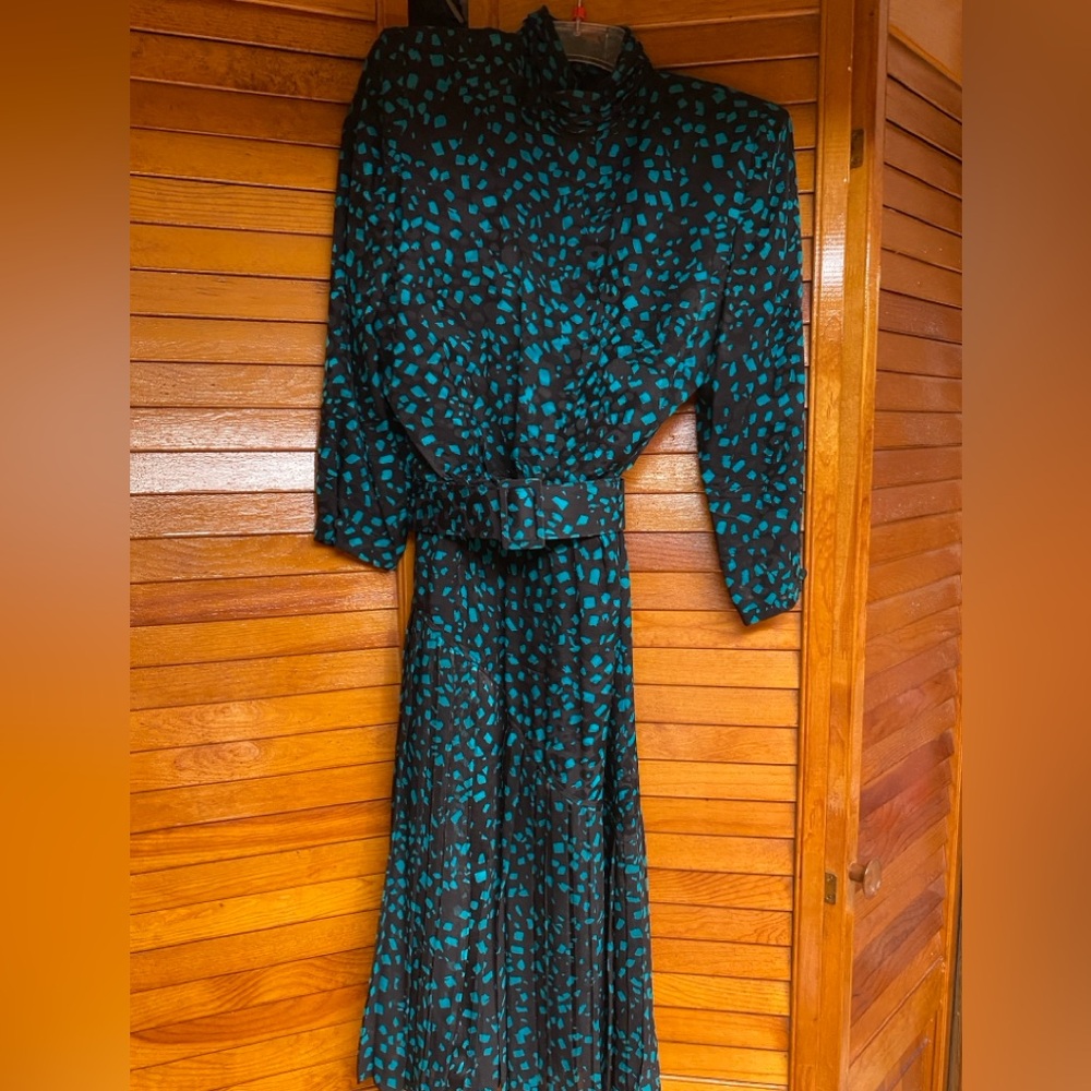 Vintage Silk Teal and Black belted Dress